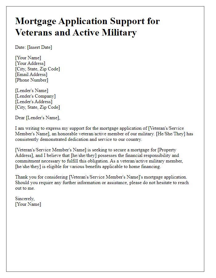 Letter template of mortgage application support for veterans and active military