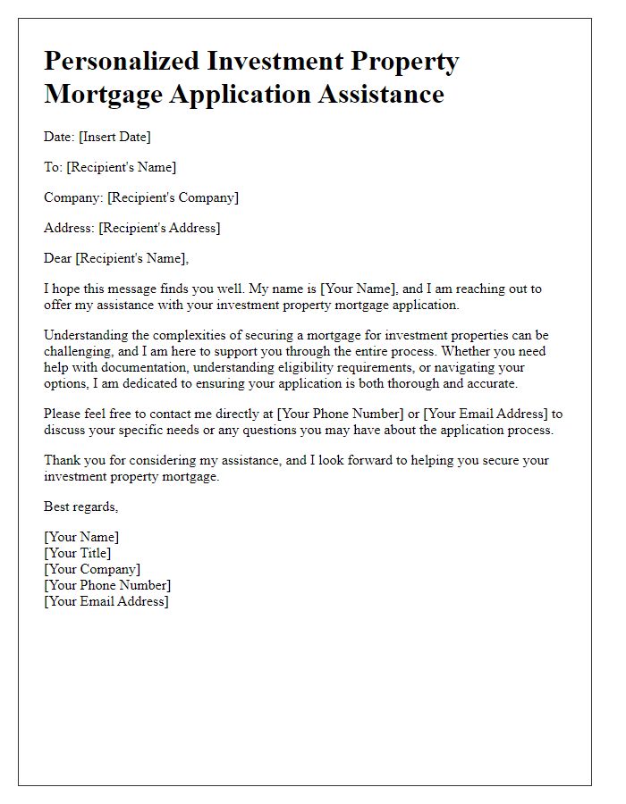 Letter template of personalized investment property mortgage application assistance