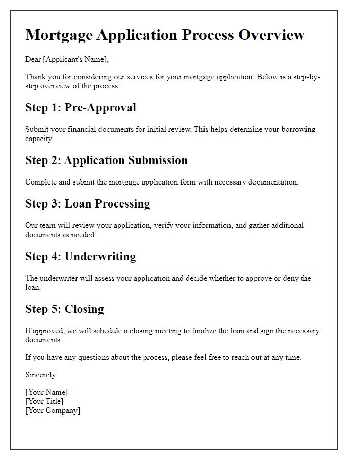 Letter template of step-by-step mortgage application process overview