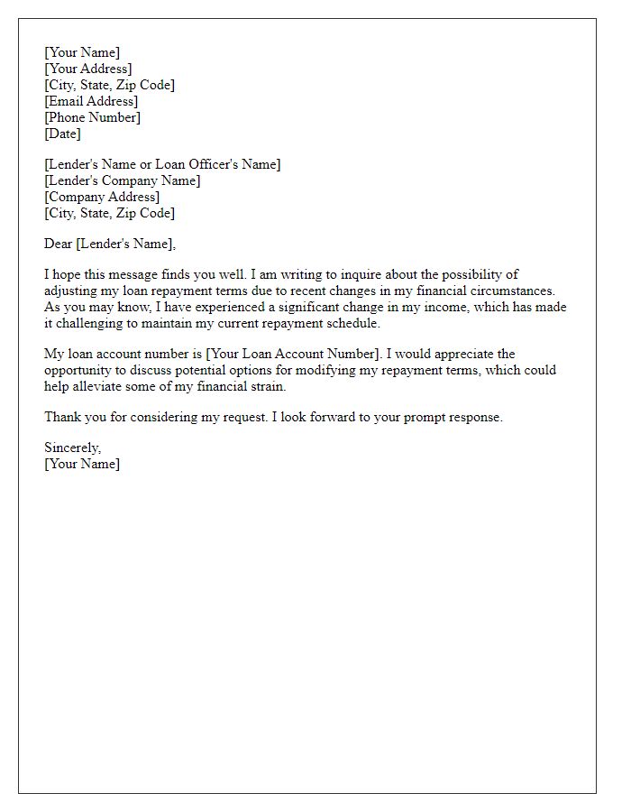 Letter template of inquiry regarding loan repayment terms adjustment based on recent income changes.