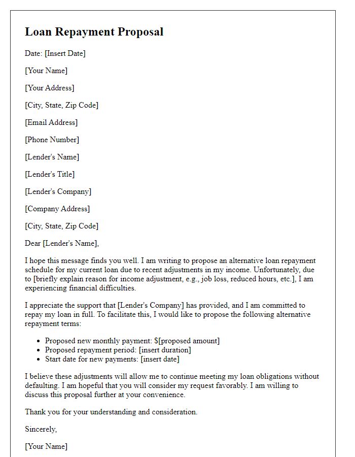 Letter template of proposal for an alternative loan repayment schedule following income adjustments.