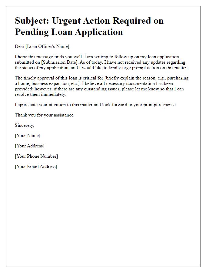 Letter template of urging prompt action on pending loan application