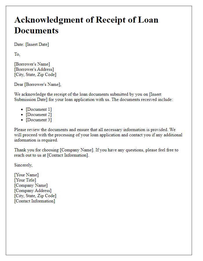 Letter template of acknowledgment for receipt of loan documents