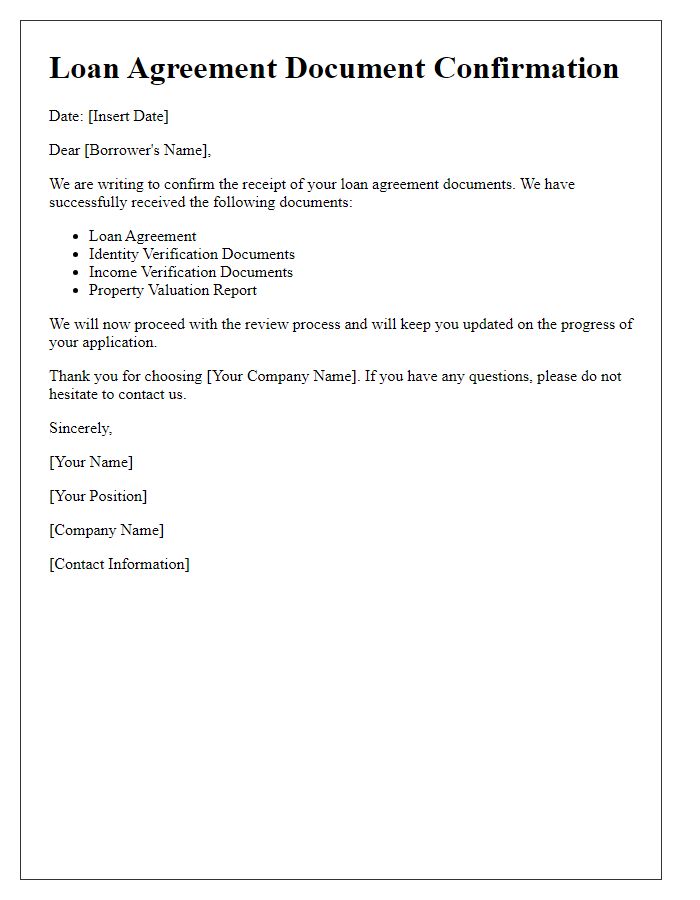 Letter template of confirmation for loan agreement documents received