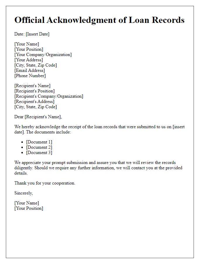 Letter template of official acknowledgment of received loan records