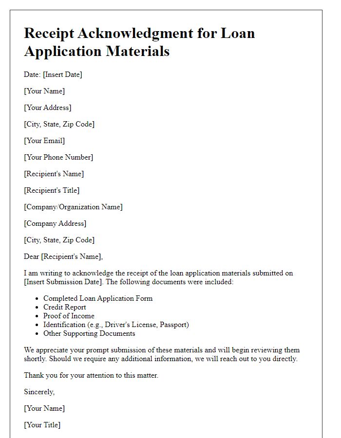 Letter template of receipt acknowledgment for loan application materials