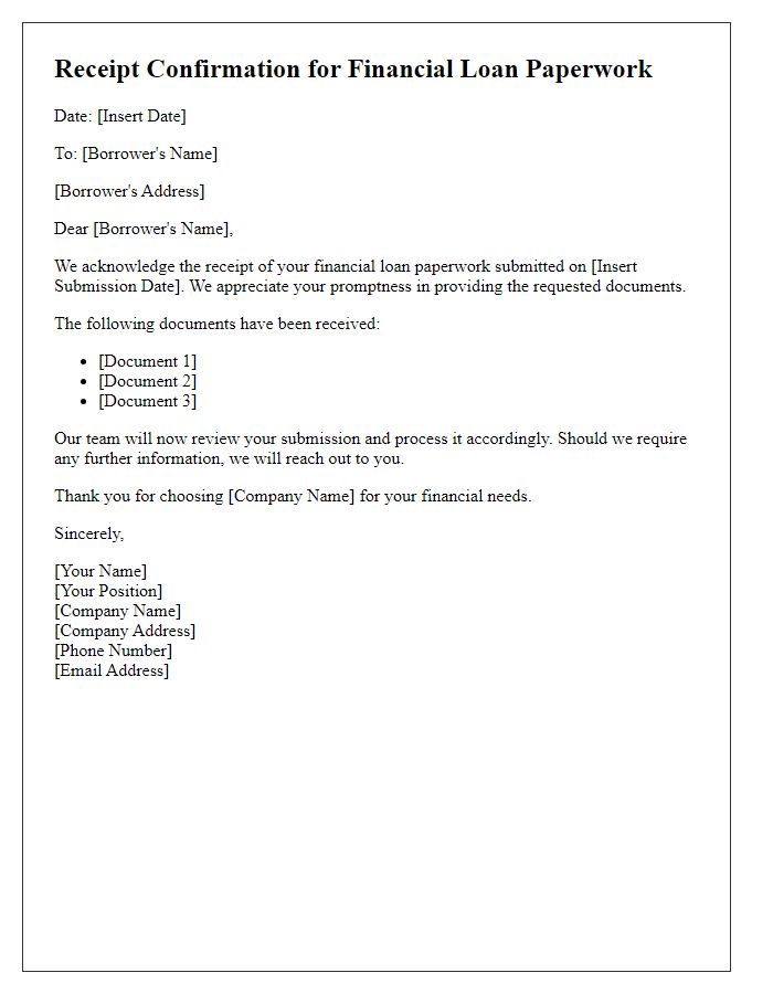 Letter template of receipt confirmation for financial loan paperwork