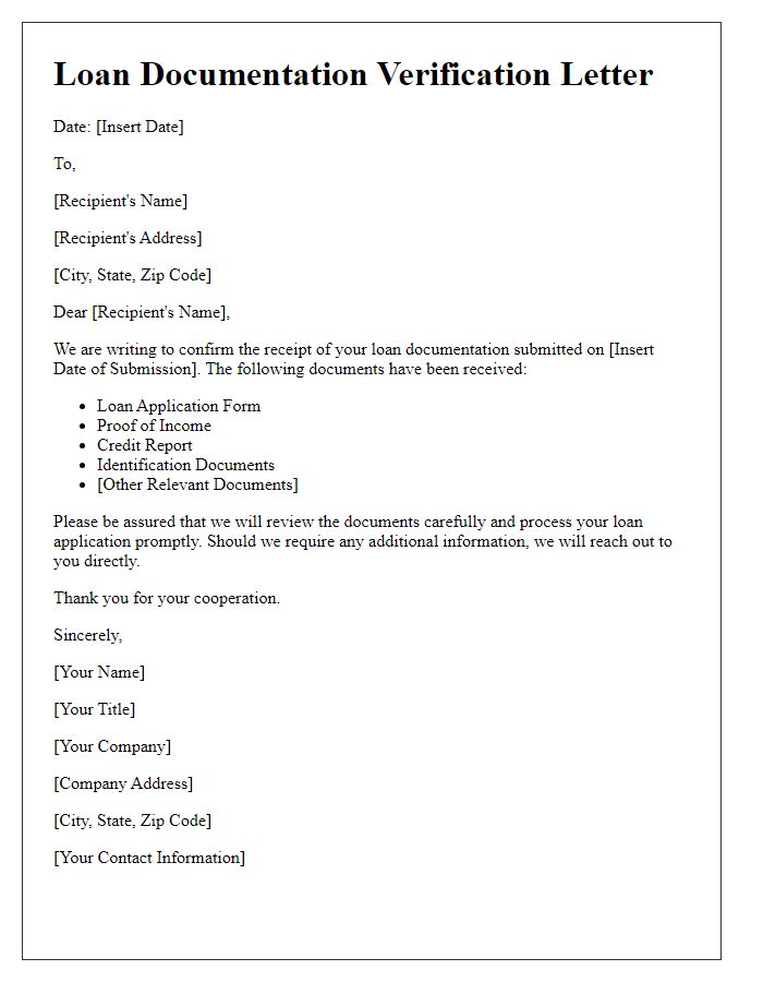 Letter template of verification for received loan documentation