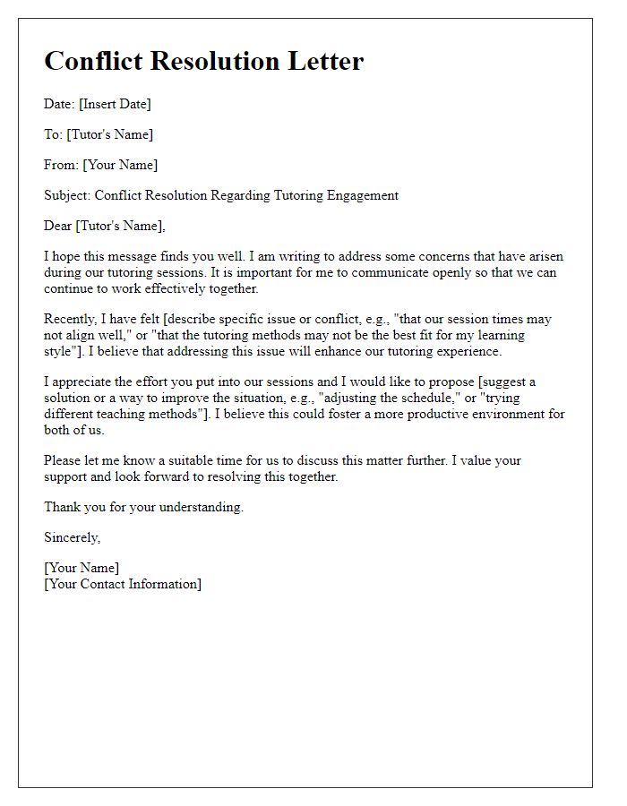 Letter template of conflict resolution for student tutor engagement