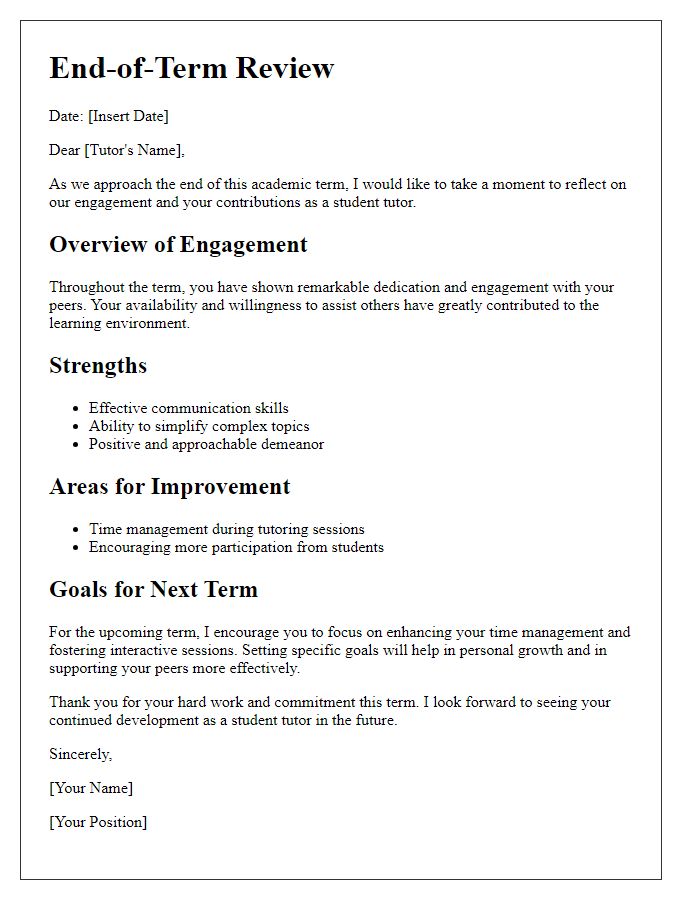 Letter template of end-of-term review for student tutor engagement