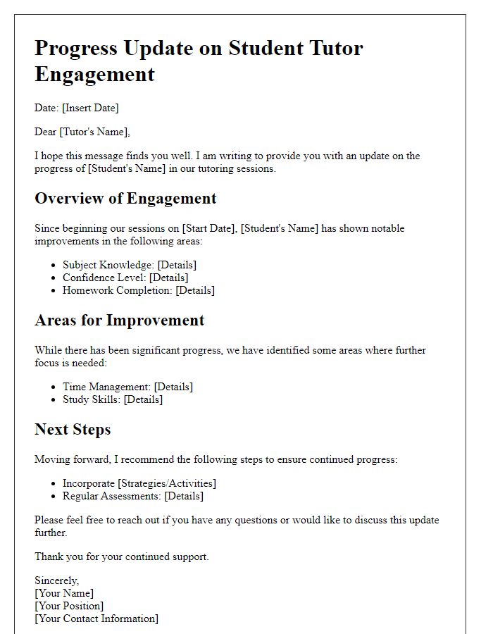 Letter template of progress update for student tutor engagement