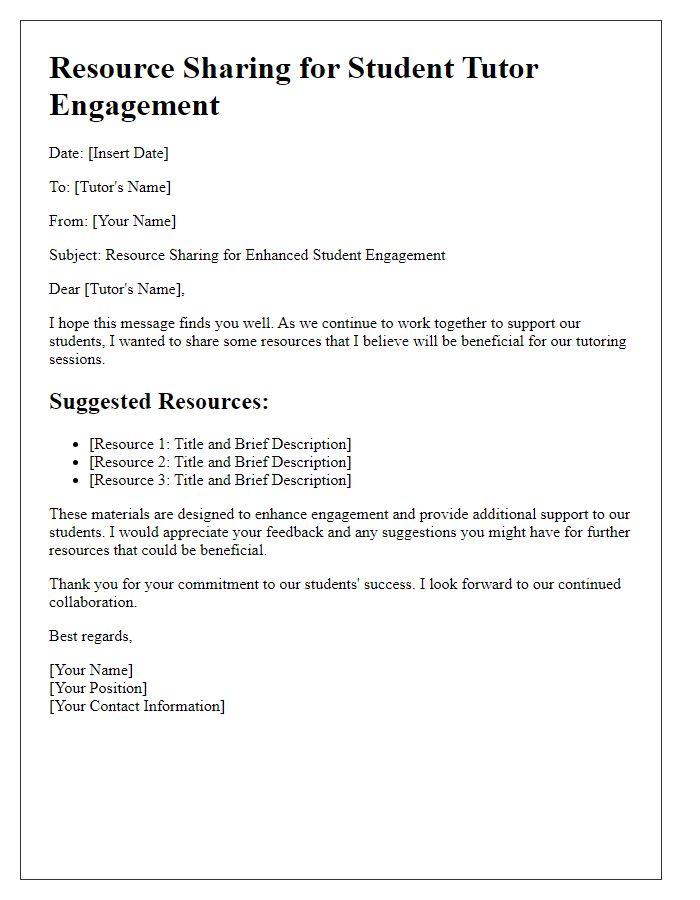 Letter template of resource sharing for student tutor engagement