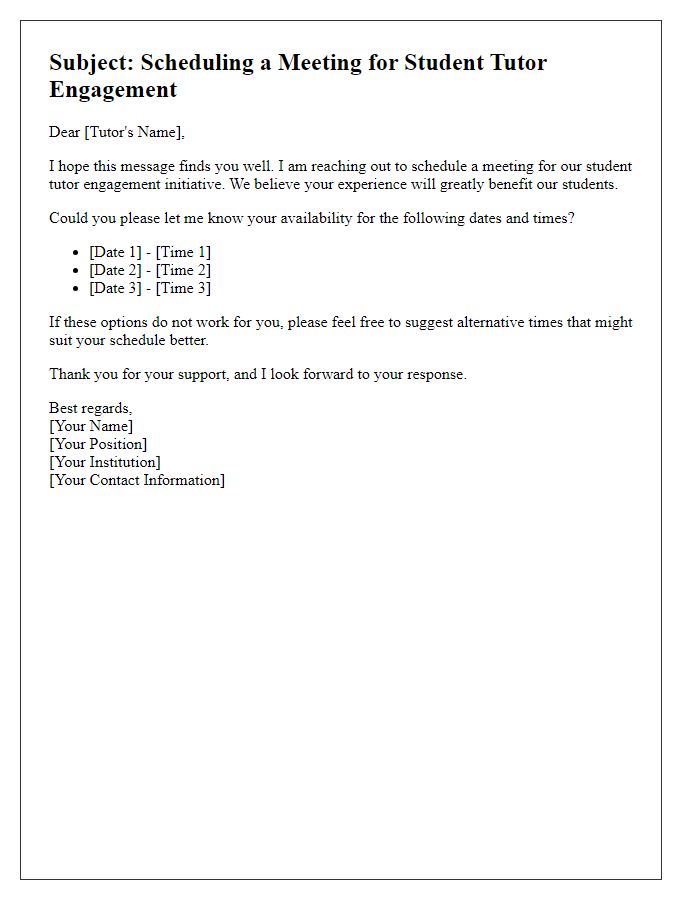 Letter template of scheduling a meeting for student tutor engagement