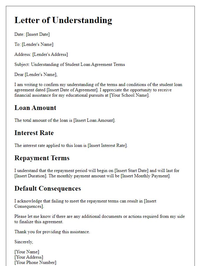 Letter template of Understanding Student Loan Agreement Terms