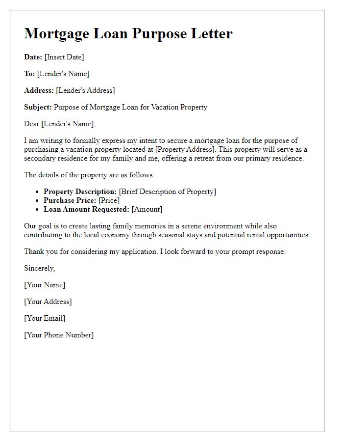 Letter template of mortgage loan purpose for vacation property