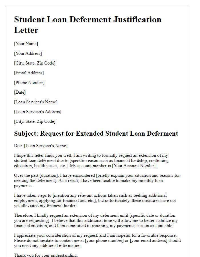 Letter template of justification for extended student loan deferment application