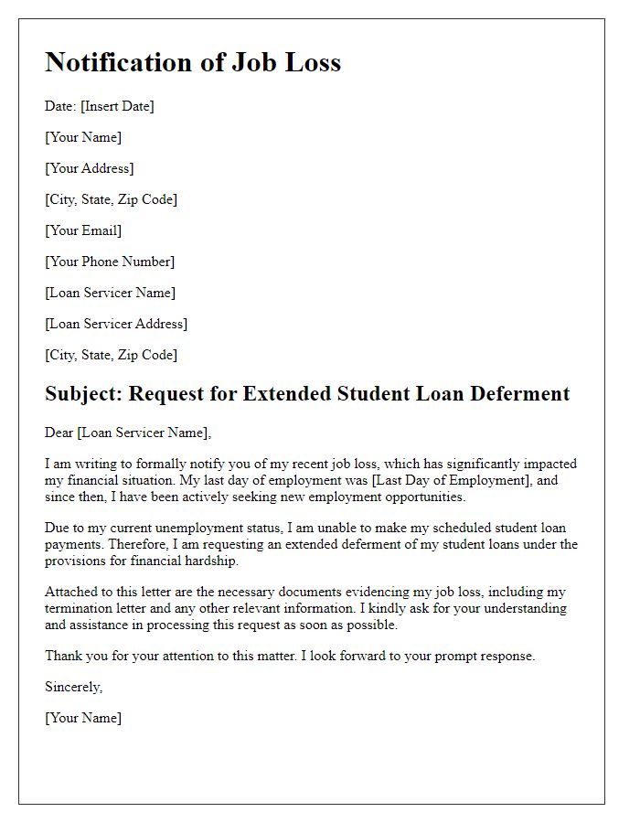 Letter template of notification of job loss for extended student loan deferment