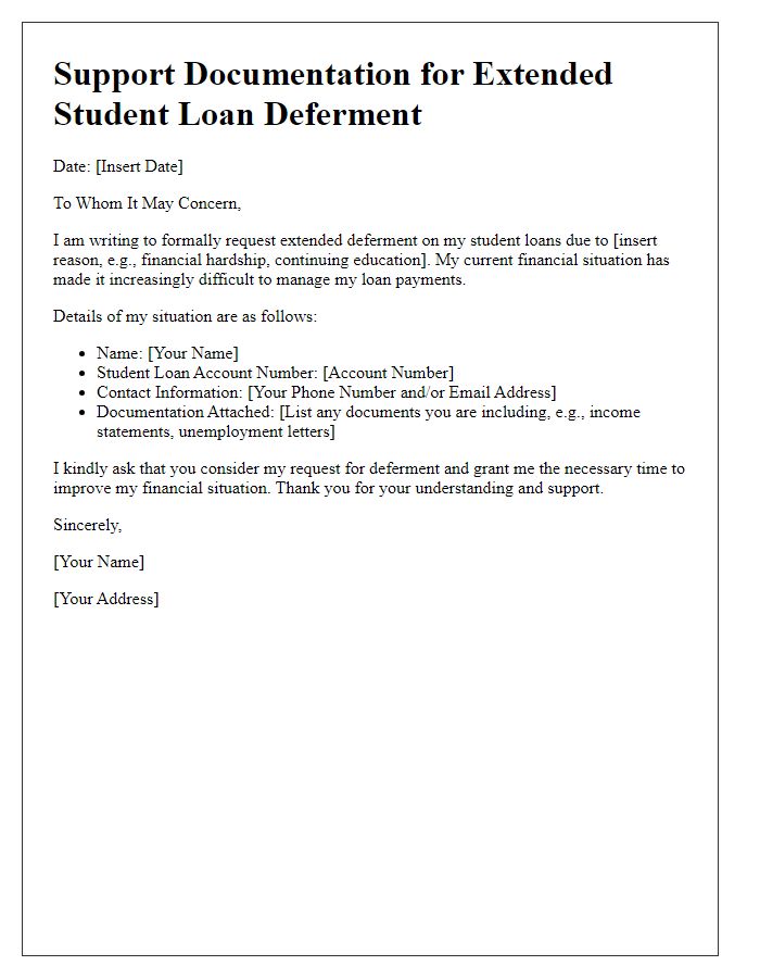 Letter template of support documentation for extended student loan deferment