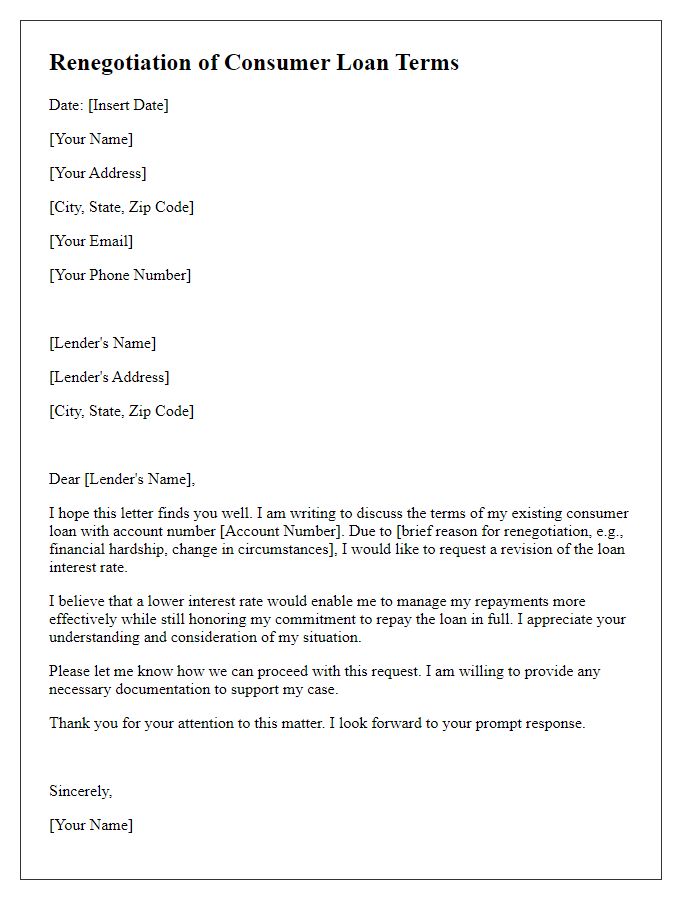 Letter template of renegotiating terms for consumer loan interest.