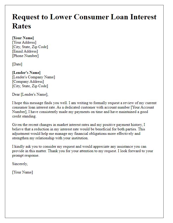 Letter template of request to lower consumer loan interest rates.