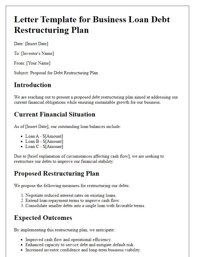 Letter template of business loan debt restructuring plan outline for investors.