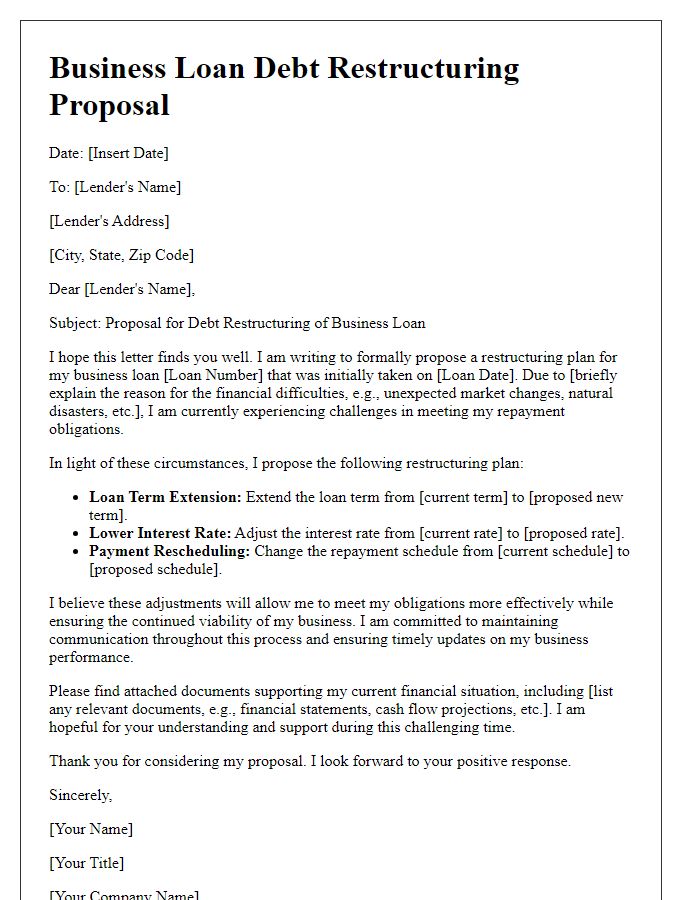 Letter template of business loan debt restructuring proposal for financial relief.