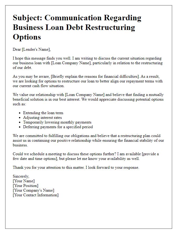 Letter template of communication regarding business loan debt restructuring options.