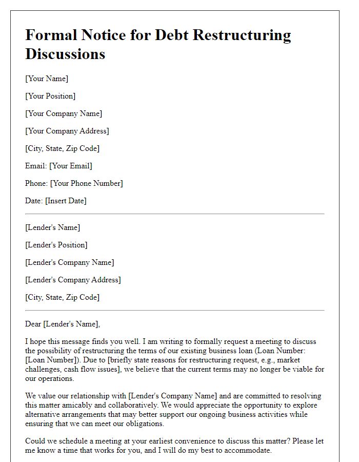 Letter template of formal notice for business loan debt restructuring discussions.