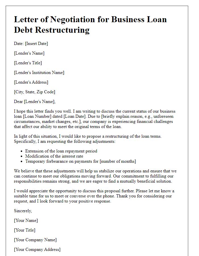 Letter template of negotiating terms for business loan debt restructuring.