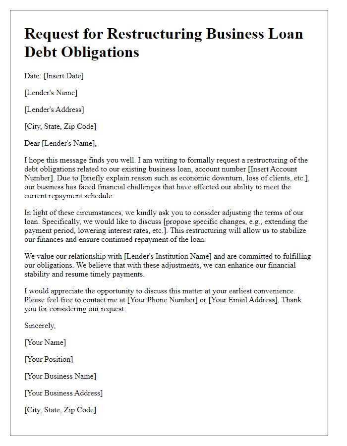 Letter template of request for restructuring business loan debt obligations.