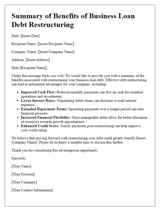 Letter template of summary of business loan debt restructuring benefits.