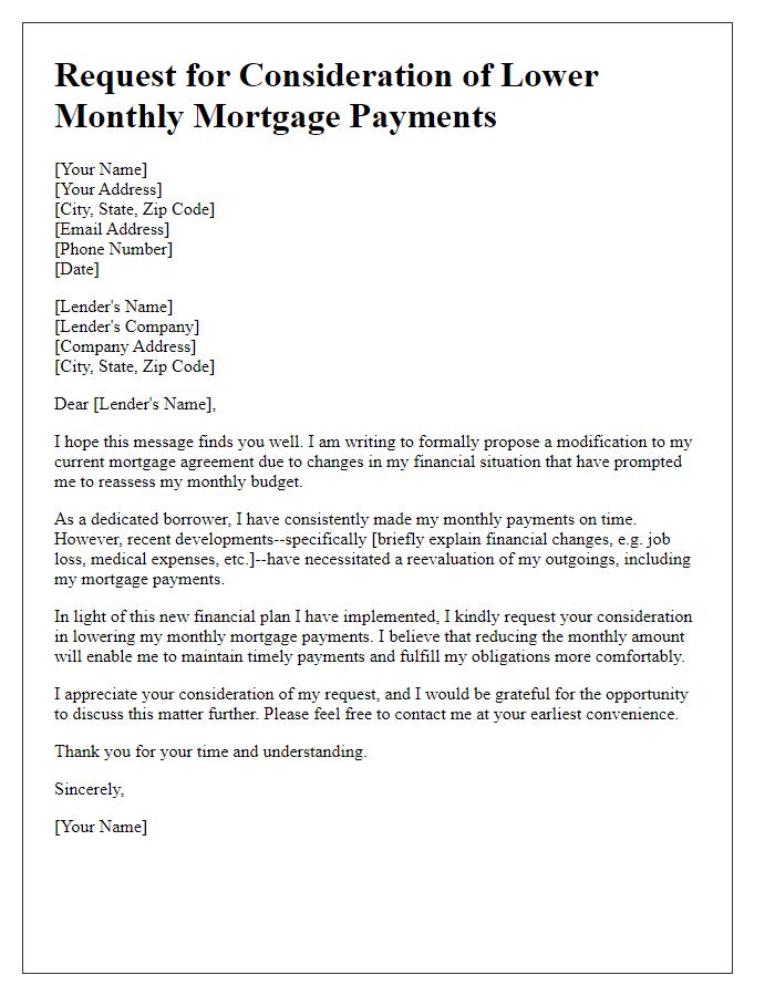 Letter template of proposal to decrease monthly mortgage payments in light of new financial plan