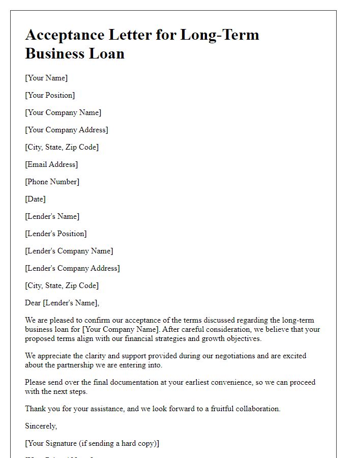 Letter template of acceptance for long-term business loan negotiations