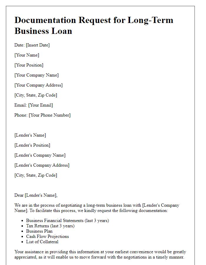 Letter template of documentation request for long-term business loan negotiations