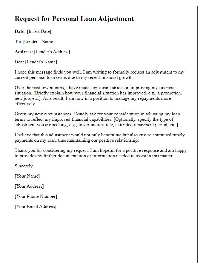 Letter template of appeal for personal loan adjustment based on financial growth.