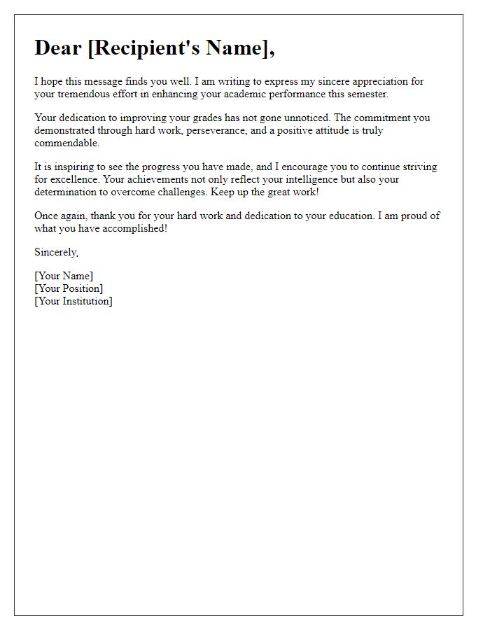 Letter template of appreciation for effort in grade enhancement