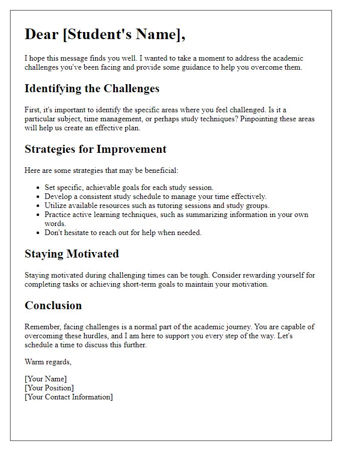 Letter template of guidance for overcoming academic challenges