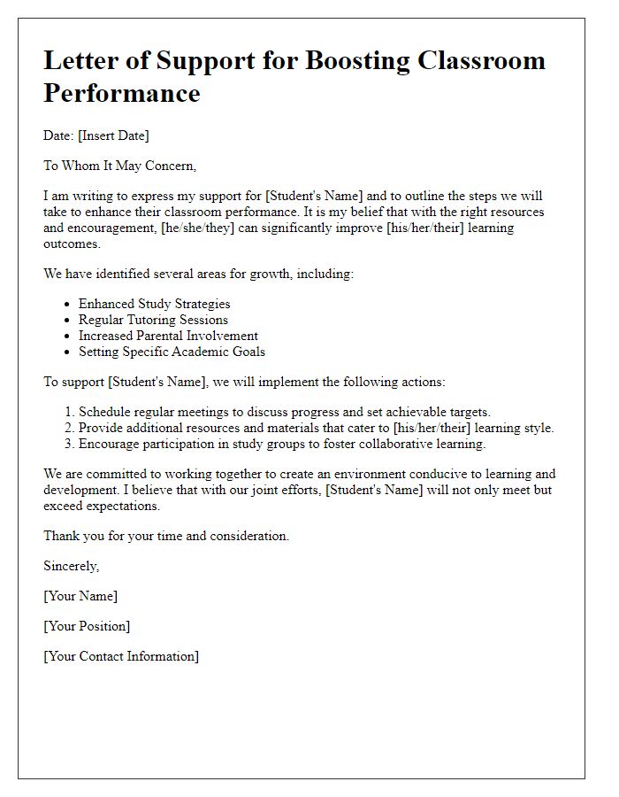 Letter template of support for boosting classroom performance