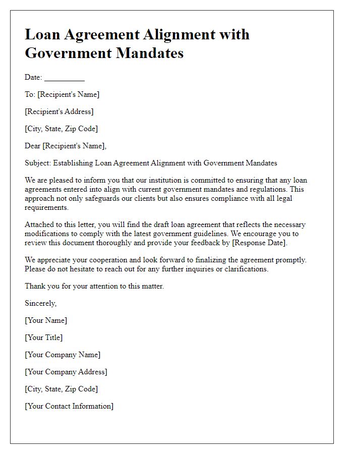 Letter template of establishing loan agreement alignment with government mandates