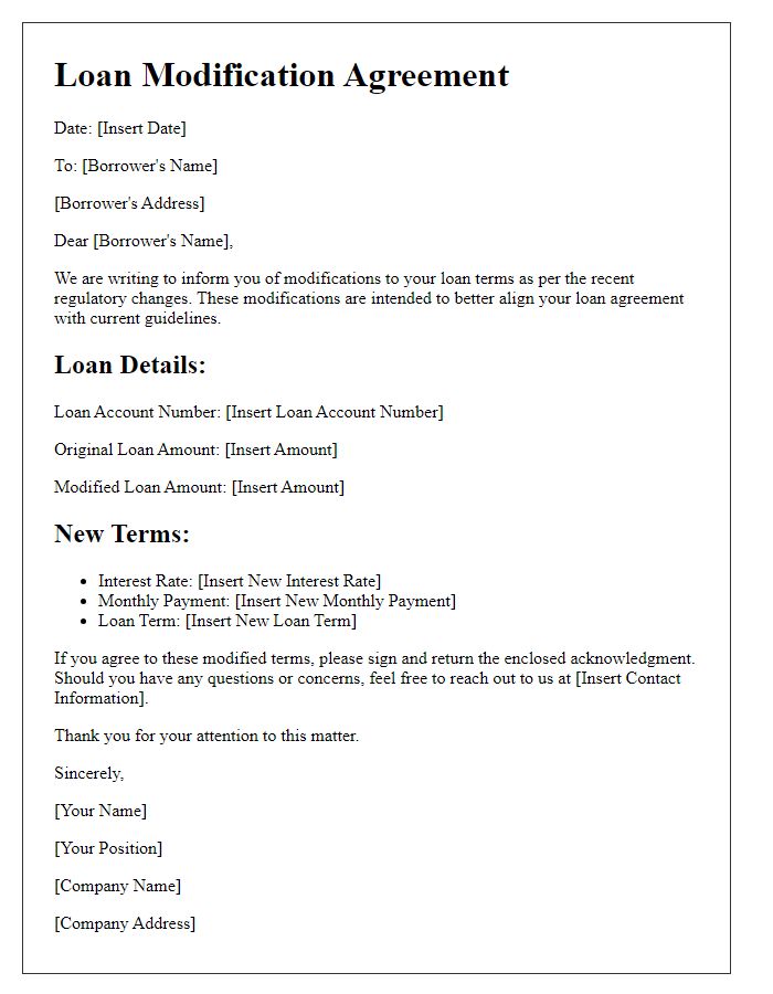 Letter template of modifying loan terms in accordance with regulations