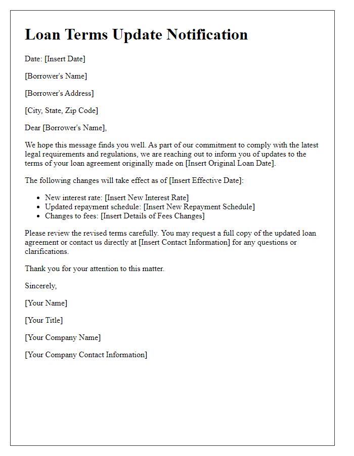 Letter template of updating loan terms to meet legal requirements