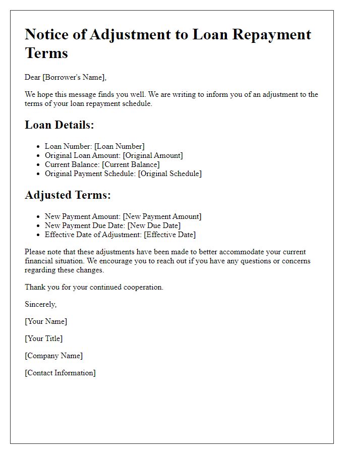 Letter template of adjustment to loan repayment terms notice