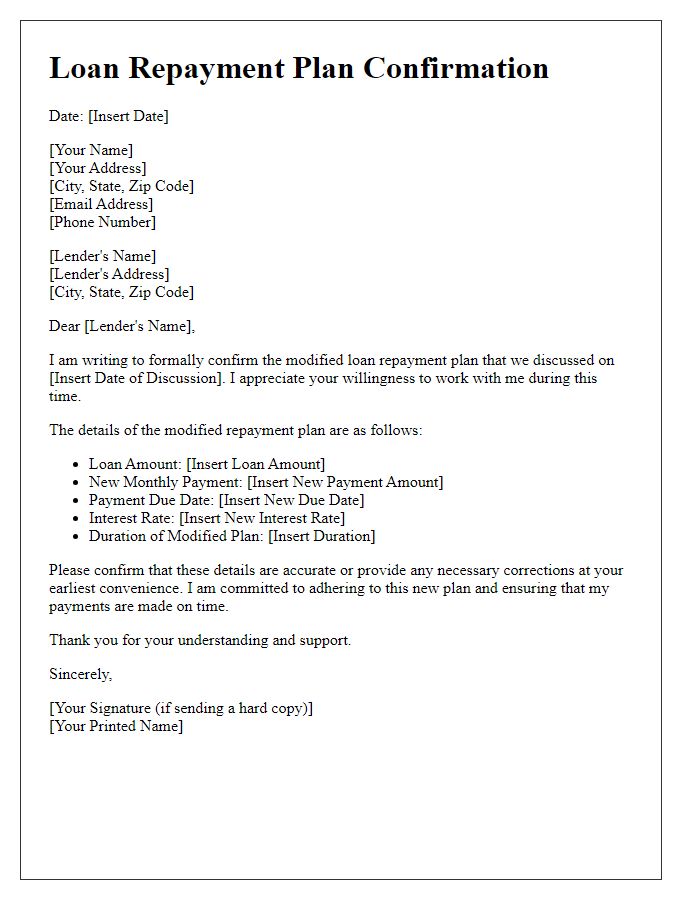 Letter template of confirmation on modified loan repayment plan