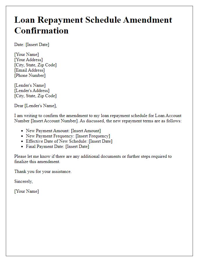 Letter template of loan repayment schedule amendment confirmation