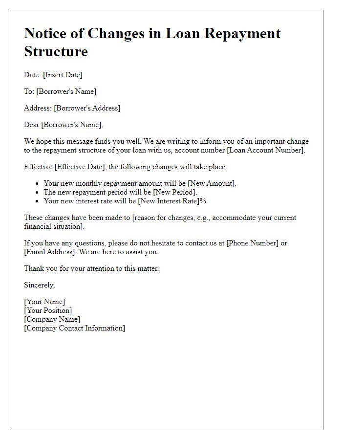 Letter template of notice for changes in loan repayment structure