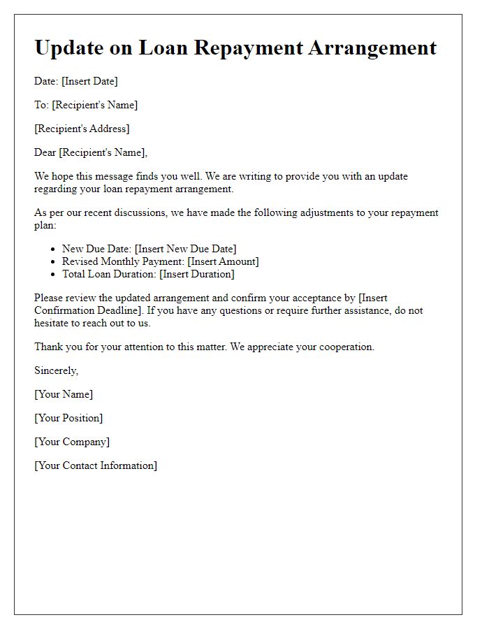 Letter template of update on loan repayment arrangement