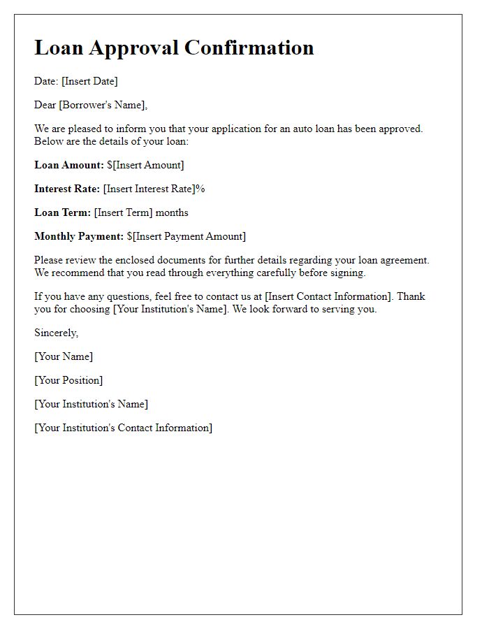 Letter template of loan approval confirmation for auto loans