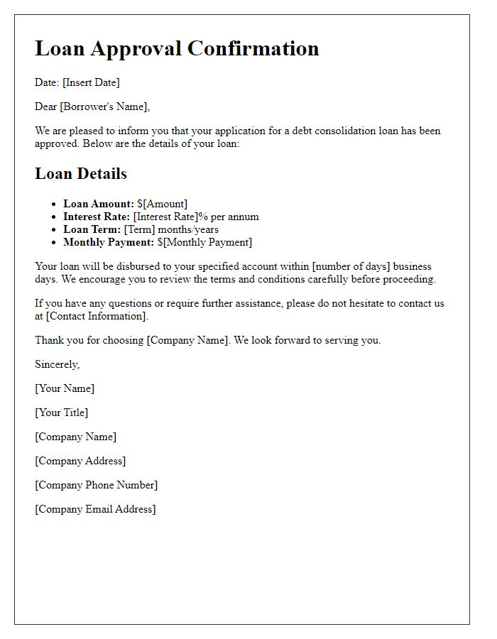 Letter template of loan approval confirmation for debt consolidation loans