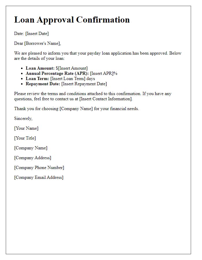 Letter template of loan approval confirmation for payday loans