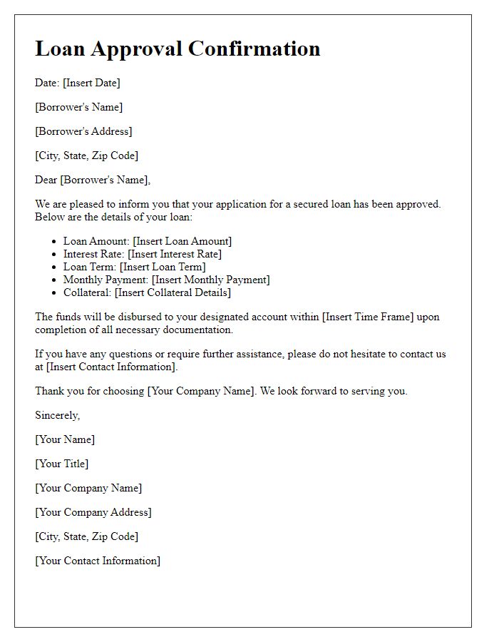 Letter template of loan approval confirmation for secured loans